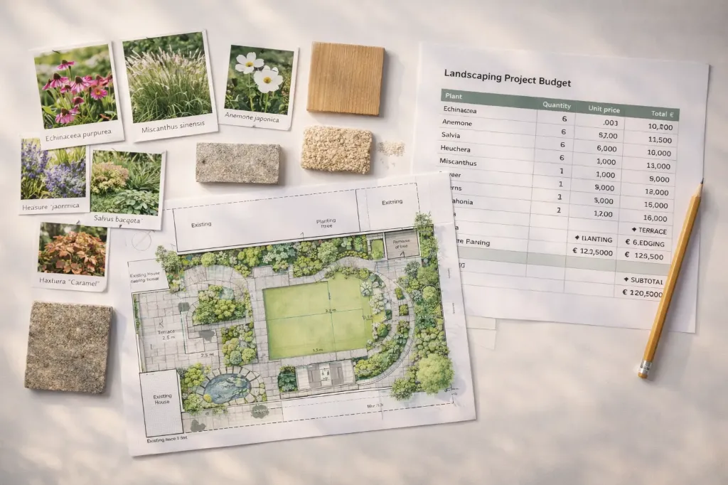 Paysagiste: plan 2D jardin & Cahier d'ambiances · Visite sur site (Allées & accès · allée carrossable, cour, parking, Compact · jusqu'à 300m²)